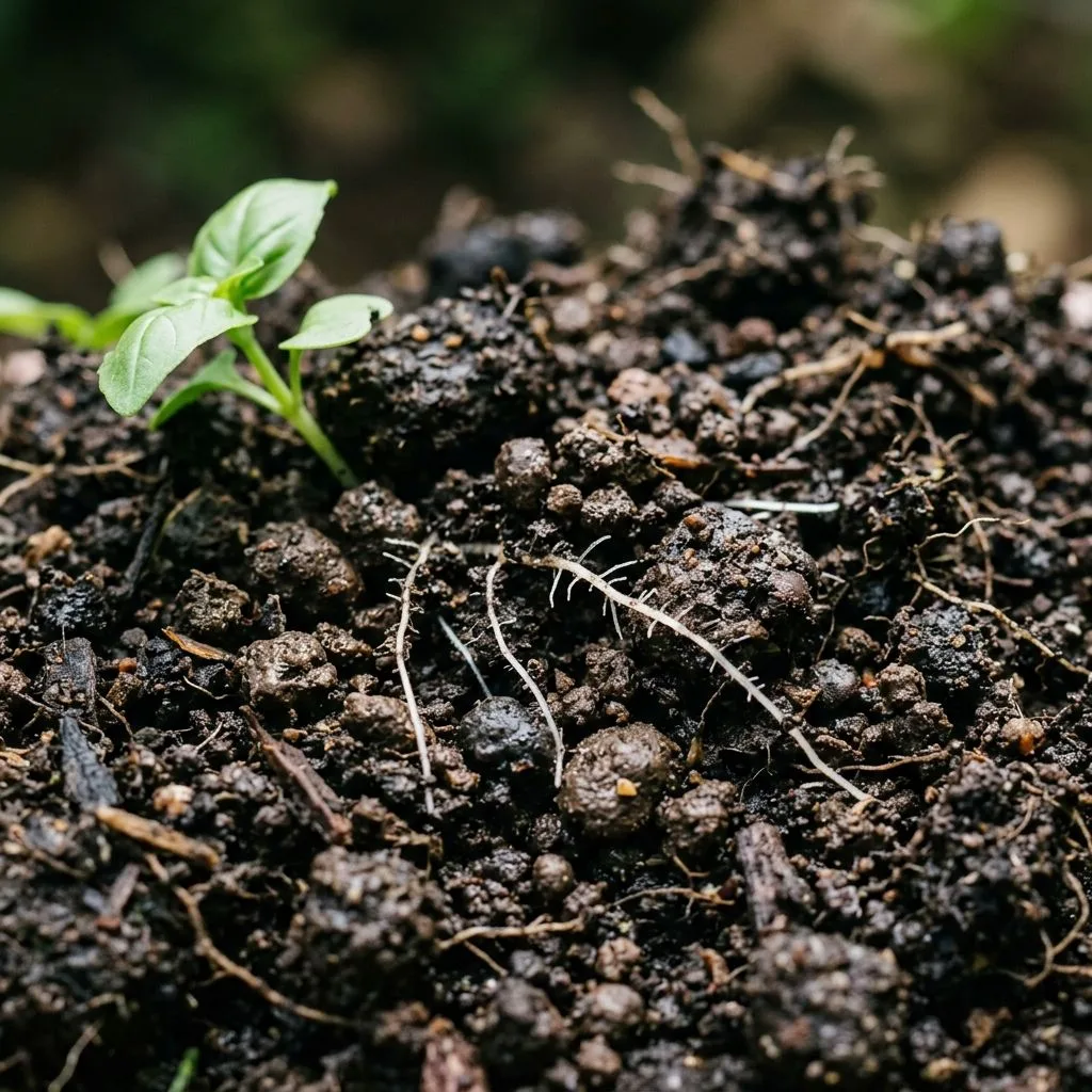 Rich organic vermicompost soil with earthworm castings and a small green sprout