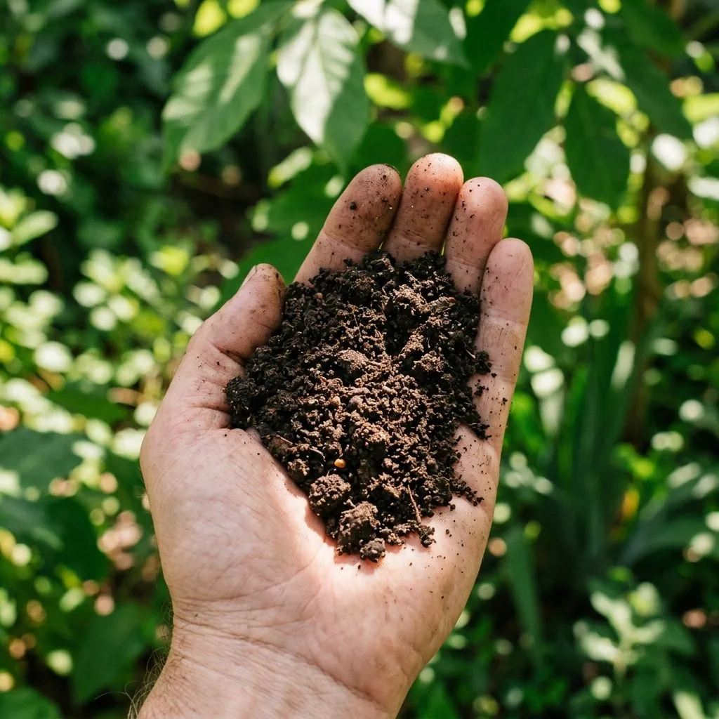 Handful of rich, dark, crumbly organic vermicompost soil