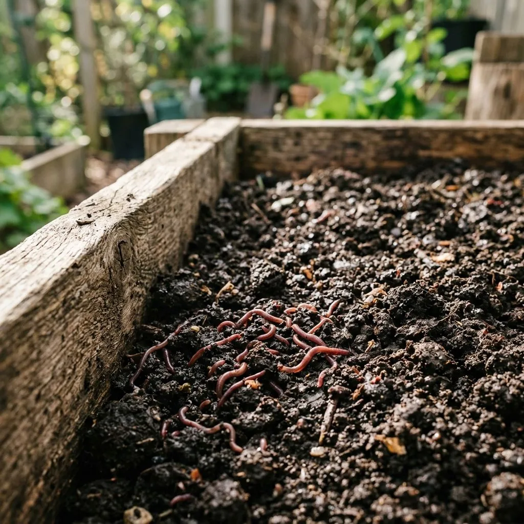 A wooden curing bed filled with rich, dark vermicompost