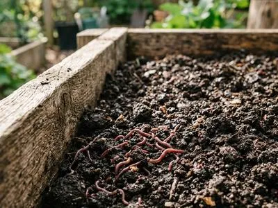 A wooden curing bed filled with rich, dark vermicompost