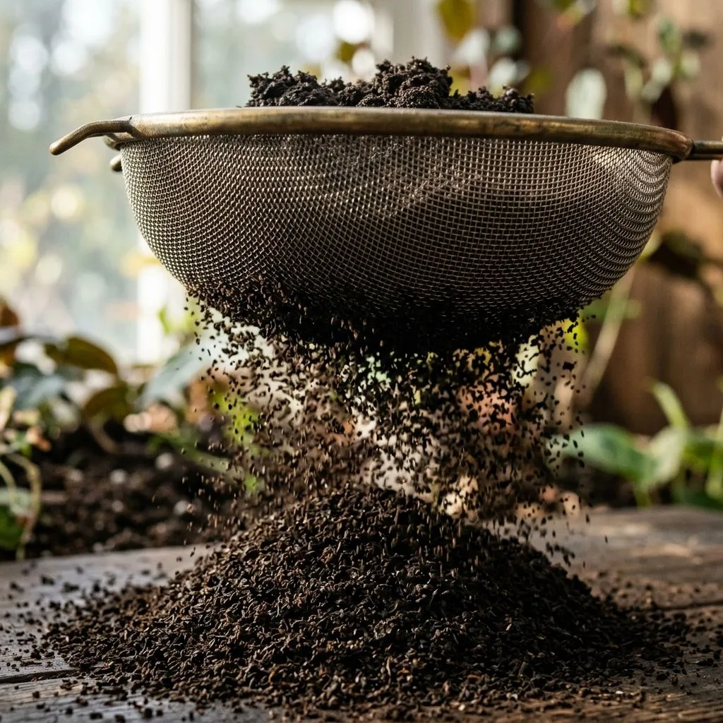 Rich vermicompost falling through a fine sifting mesh