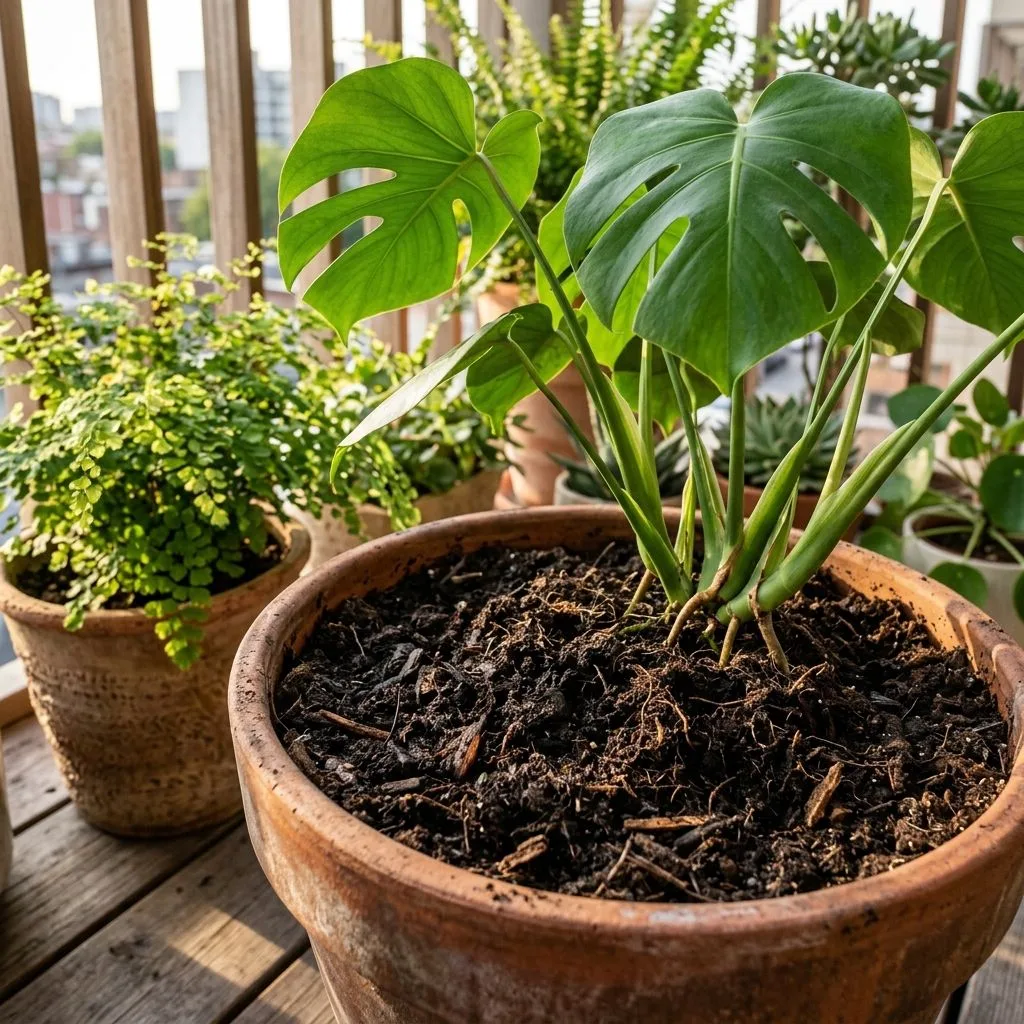 Lush monstera plant in a terracotta pot on a sunny balcony, showing rich dark organic soil