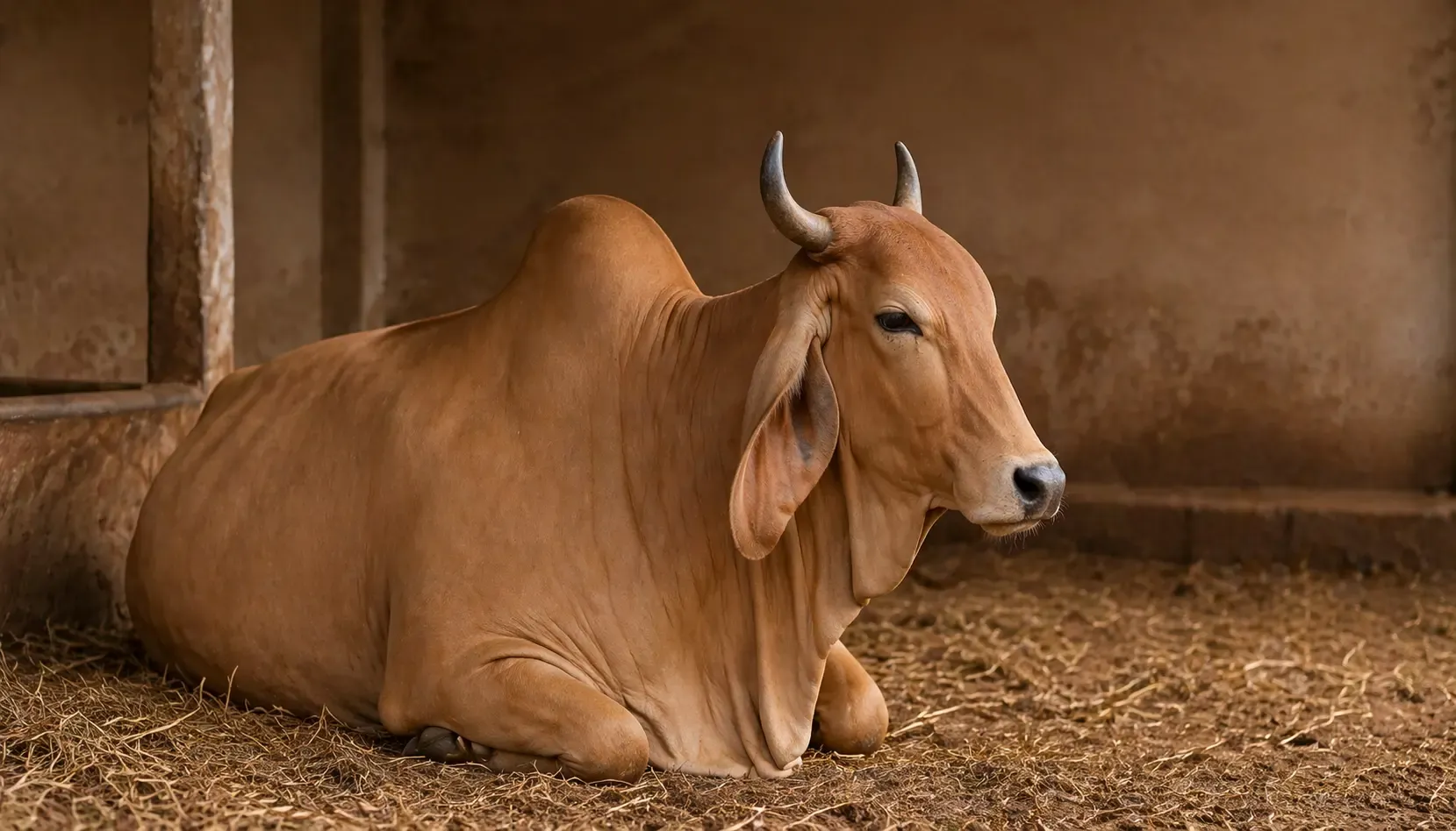Zebu cow at rest at a partner gaushala in Haryana.