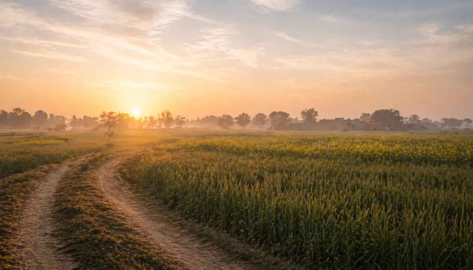 Dawn light over a field in Haryana.